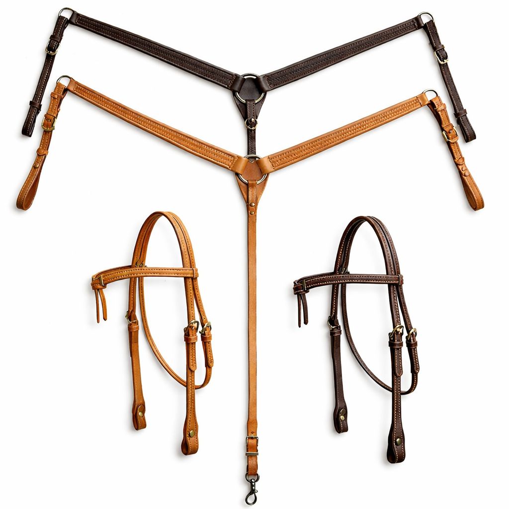 SIE Weave Knotted Leather Headstall & Breast Collar Set Hand Tooled Basket Weave Leather Western Horse Tack