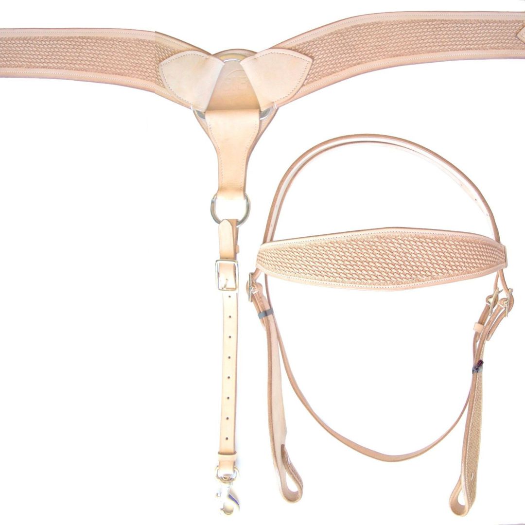 SIE Hand Tooled Leather Headstall & Breast Collar Set Natural - Double Layer Western Horse Tack Set