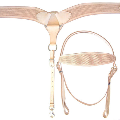 SIE Hand Tooled Leather Headstall & Breast Collar Set Natural - Double Layer Western Horse Tack Set