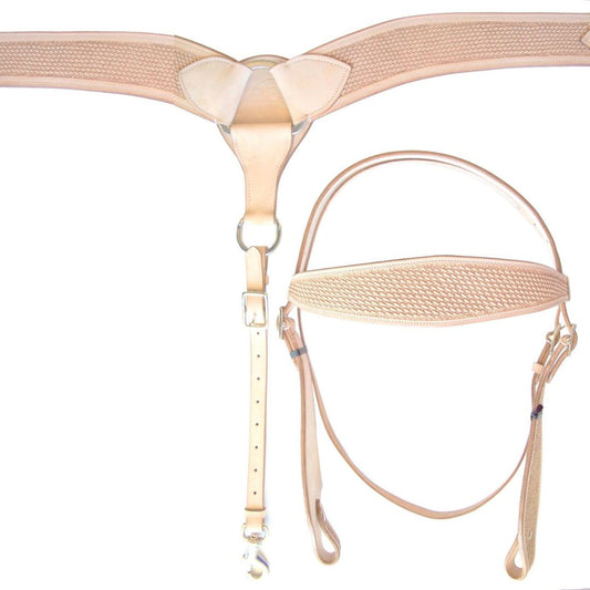 SIE Hand Tooled Leather Headstall & Breast Collar Set Natural - Double Layer Western Horse Tack Set
