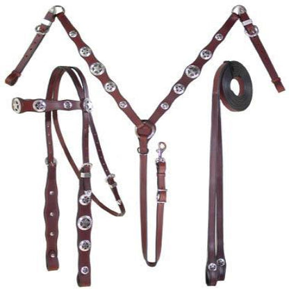 SIE Genuine Leather Headstall Breast Collar & Reins Set - Hand Engraved Silver Star Concho Western Horse Tack