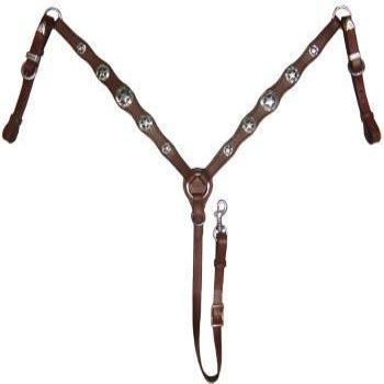 SIE Genuine Leather Headstall Breast Collar & Reins Set - Hand Engraved Silver Star Concho Western Horse Tack