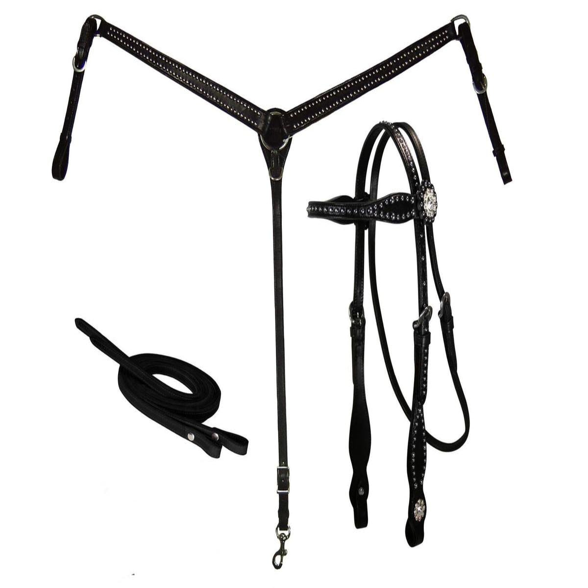 SIE Genuine Leather Headstall Breast Collar & Reins Set Starry Night Studded Western Horse Tack