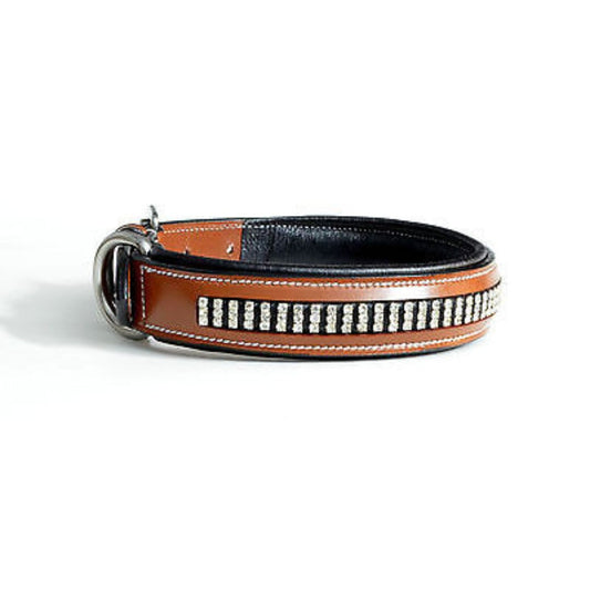 Three row crystal chestnut leather dog collar USA Leather 20''