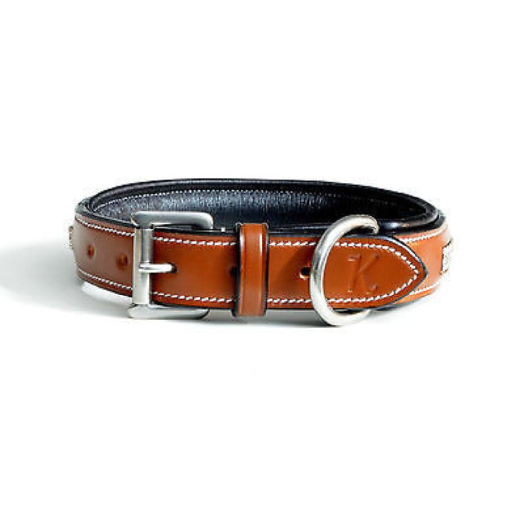 Three row crystal chestnut leather dog collar USA Leather 20''