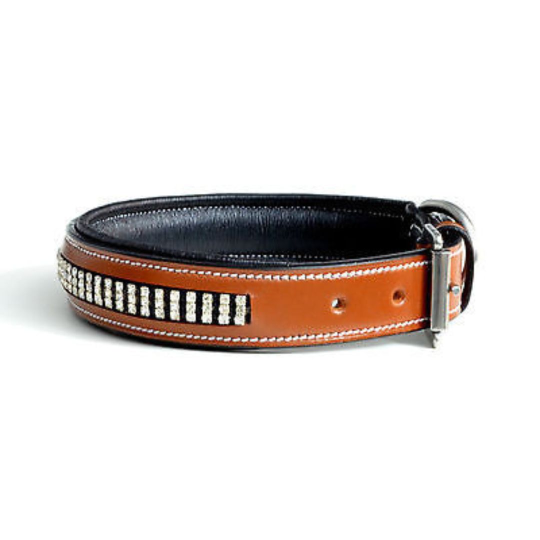 Three row crystal chestnut leather dog collar USA Leather 20''