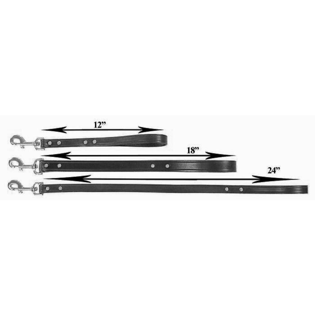 Set of black dog leashes with measurements on a white background