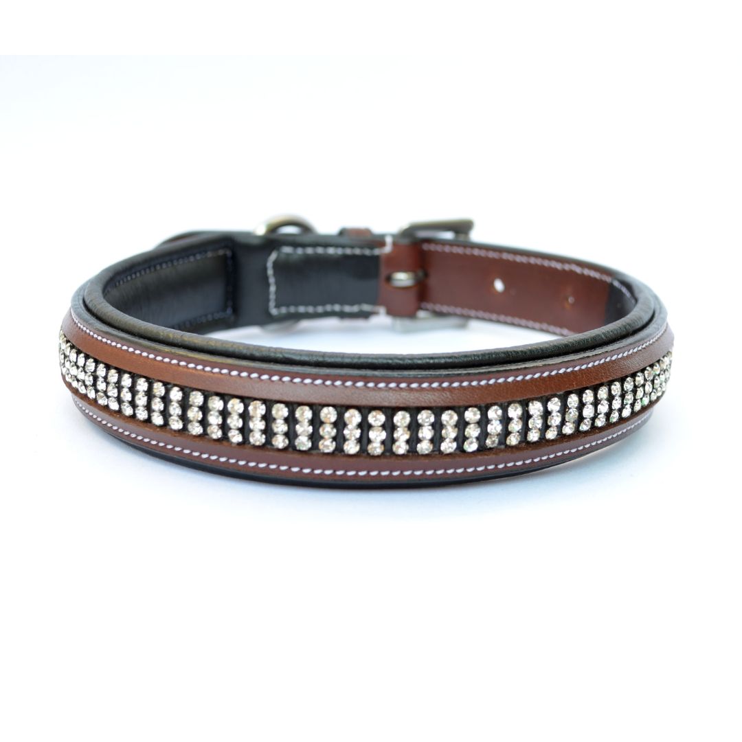 SIE Genuine Leather 3 Row Crystal Padded Dog Collar