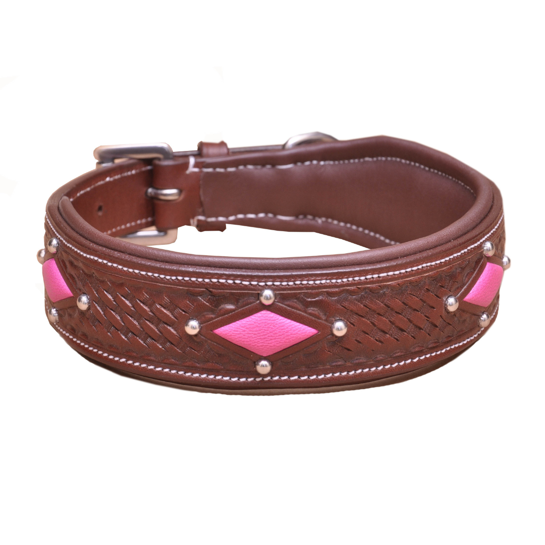 SIE Genuine Leather Carved Diamond Padded Dog Collar