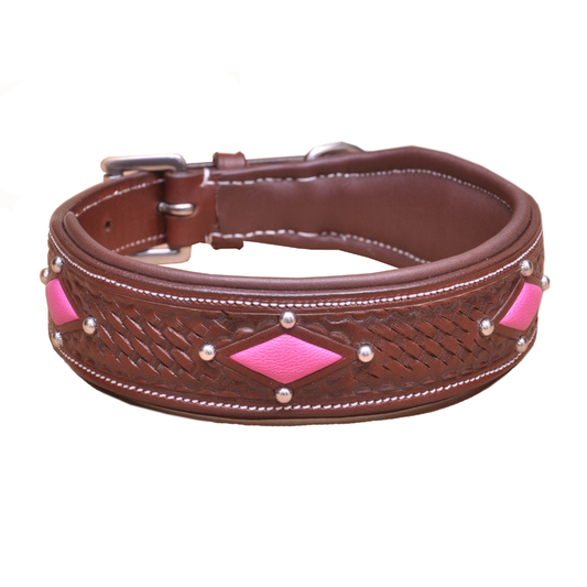 Carved Diamond Padded Leather Dog Collar
