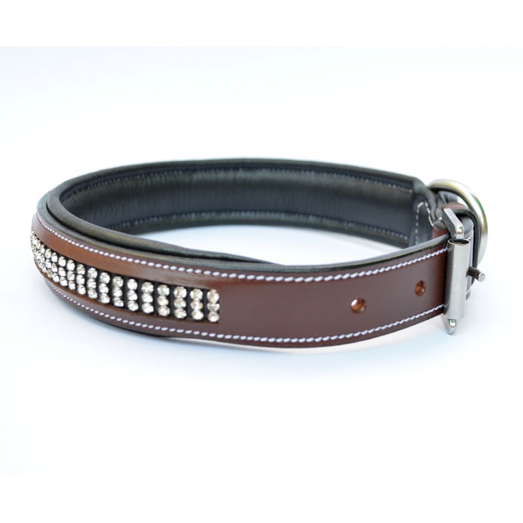 SIE Genuine Leather 3 Row Crystal Padded Dog Collar