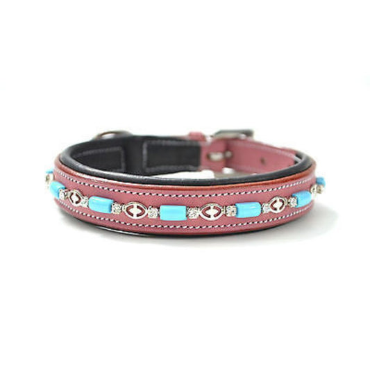 Turquoise Beads Pink Leather Padded Dog Collar USA Leather