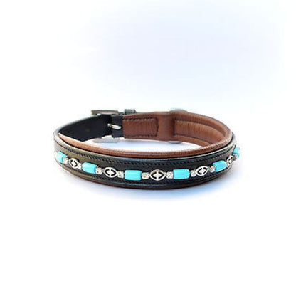 16" Turquoise Beads Padded Leather Dog Collars Made in USA Leather  - All Sizes
