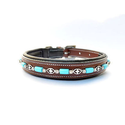 16" Turquoise Beads Padded Leather Dog Collars Made in USA Leather  - All Sizes