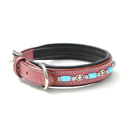 Turquoise Beads Pink Leather Padded Dog Collar USA Leather