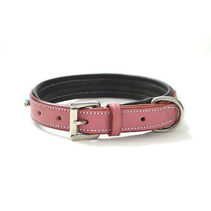 Turquoise Beads Pink Leather Padded Dog Collar USA Leather