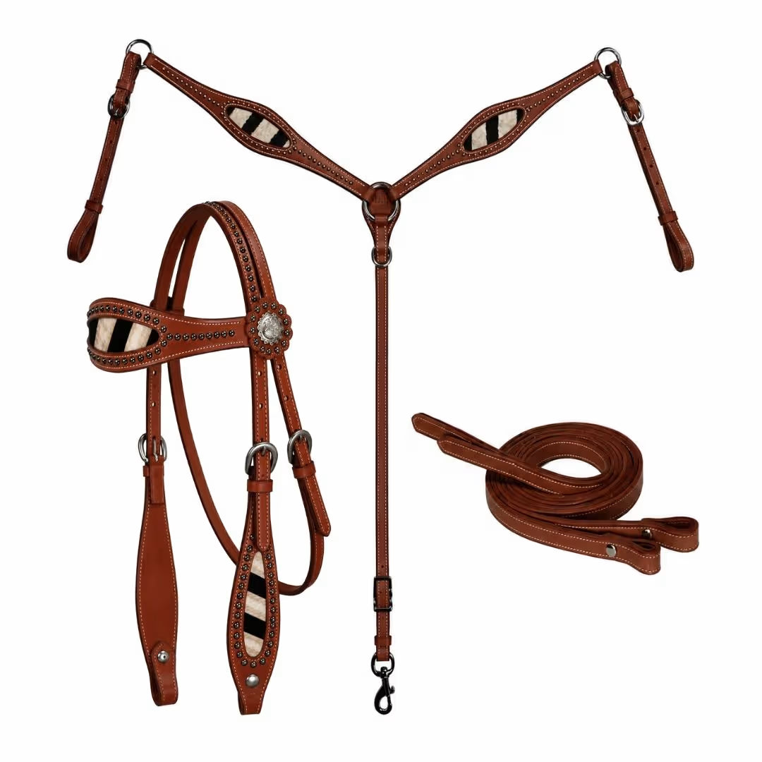 Zebra Print Headstall, Breast Collar & Reins Set – Conchos
