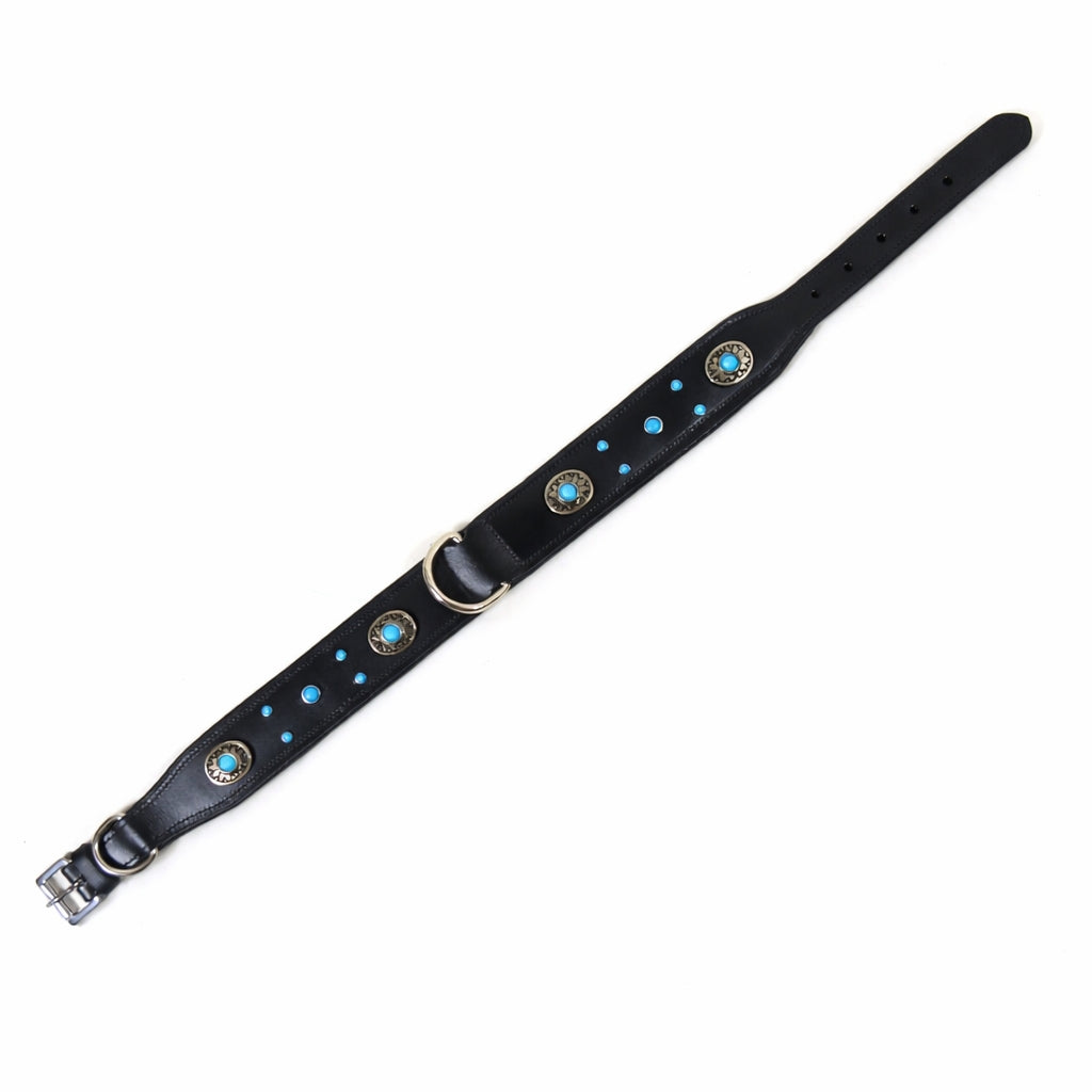SIE Genuine Leather Turquoise Concho Leather Dog Collar – Decorative Western Style Collar