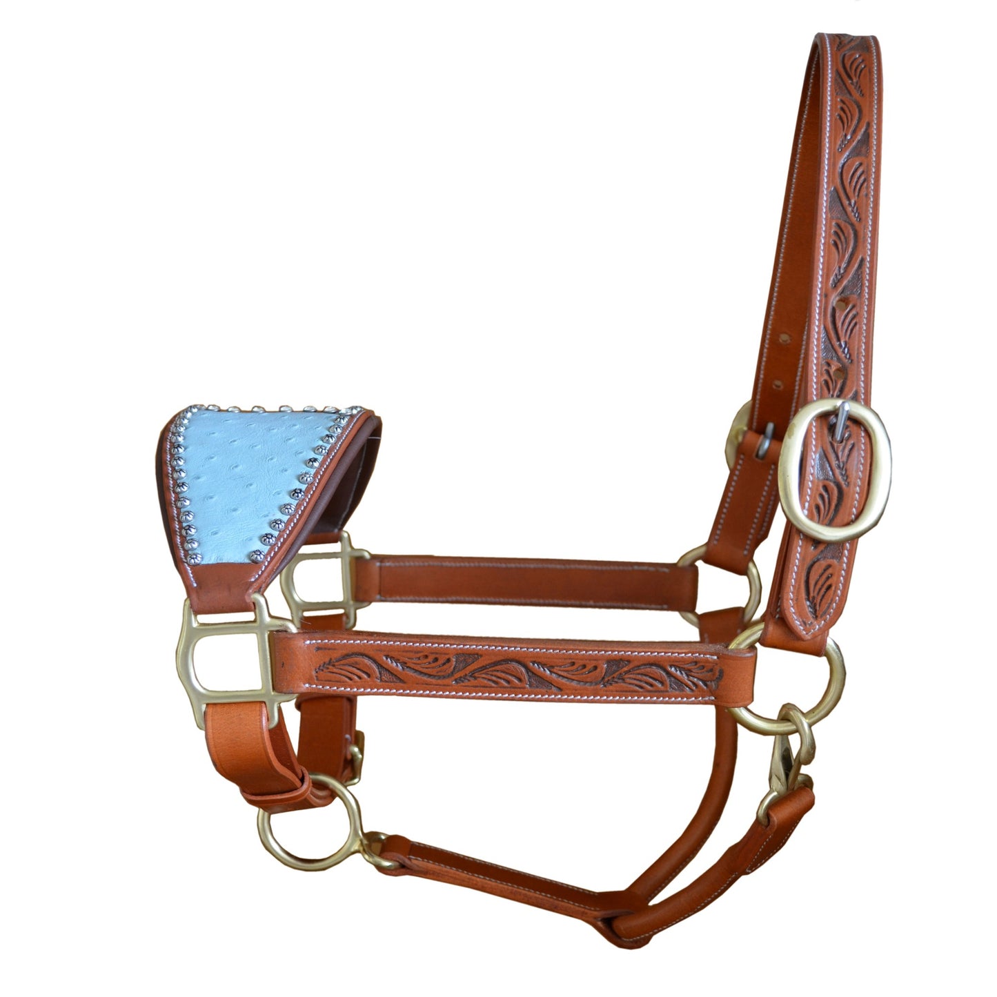 SIE Genuine Handcrafted Leather Horse Halter with Ostrich Leather Padded Noseband