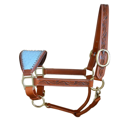 SIE Genuine Handcrafted Leather Horse Halter with Ostrich Leather Padded Noseband