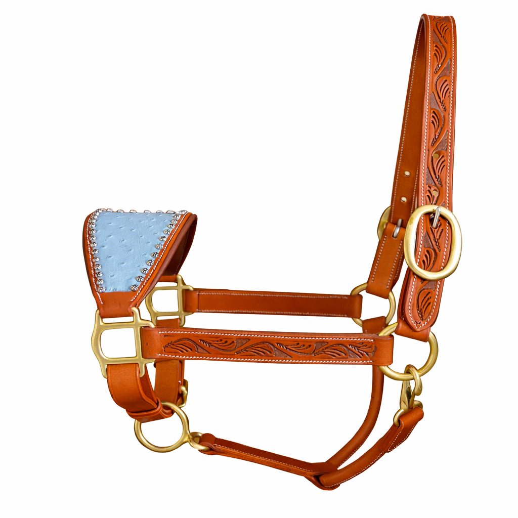 SIE Genuine Handcrafted Leather Horse Halter with Ostrich Leather Padded Noseband