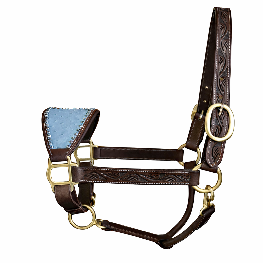 SIE Genuine Handcrafted Leather Horse Halter with Ostrich Leather Padded Noseband