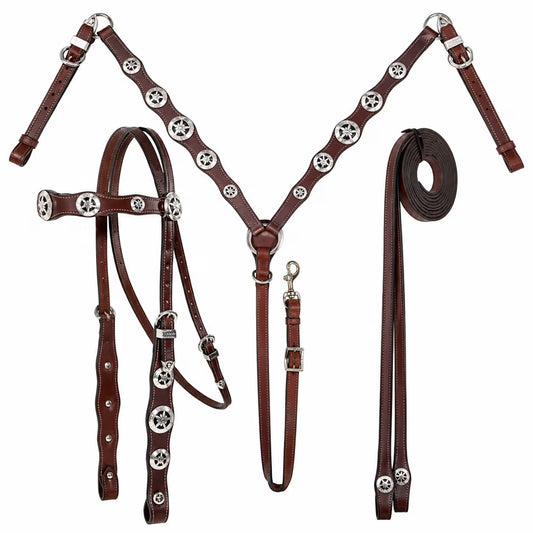 Leather Headstall, Breast Collar & Reins Set – Silver Concho