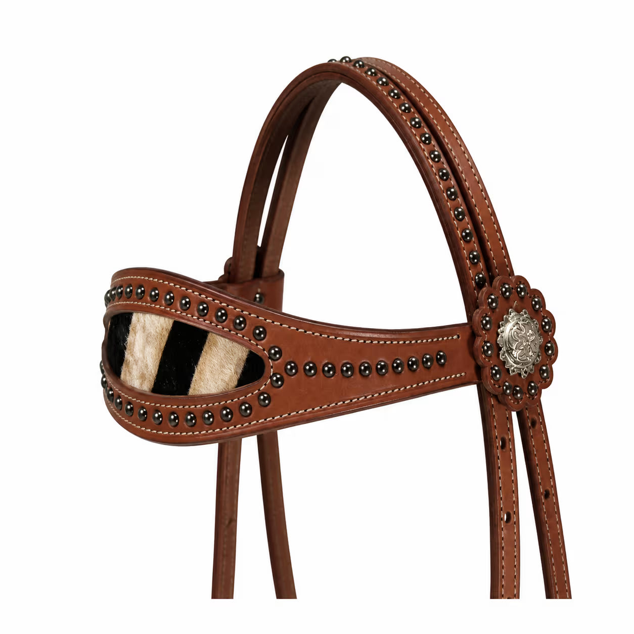 Zebra Print Inlaid Leather Headstall, Breast Collar & Reins Set – Silver Conchos