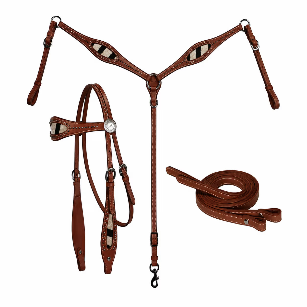 Zebra Print Inlaid Leather Headstall, Breast Collar & Reins Set – Silver Conchos
