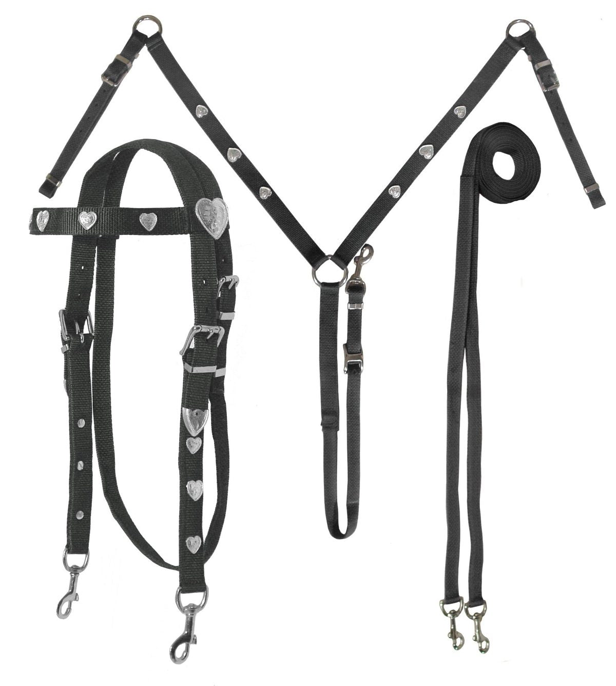 Silver Heart Nylon Headstall, Breast Collar & Reins Set