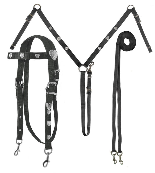 Silver Heart Nylon Headstall, Breast Collar & Reins Set