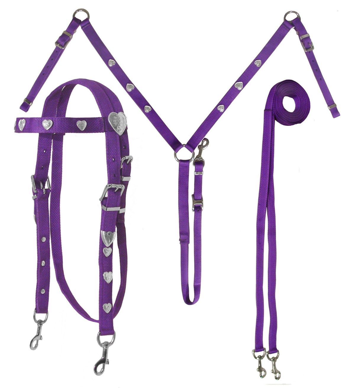Silver Heart Nylon Headstall, Breast Collar & Reins Set