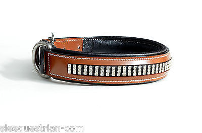 Three row crystal chestnut leather dog collar USA Leather 20''