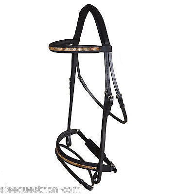 Black Leather Premium Bridle Triple Layer Gold Crystals - Cob, Full, OS HV BK BR