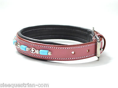 Turquoise Beads Pink Leather Padded Dog Collar USA Leather