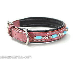Turquoise Beads Pink Leather Padded Dog Collar USA Leather