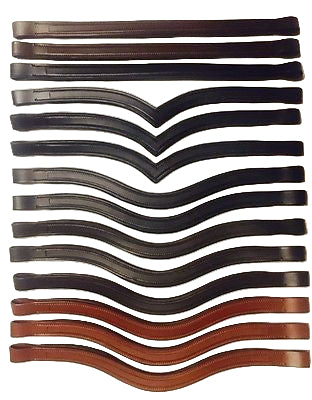 A set of empty brown and black channel browbands for horse tack, laid out in a fanned pattern.