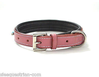Turquoise Beads Pink Leather Padded Dog Collar USA Leather