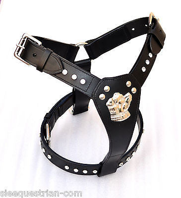 Leather Dog Harness with crystals  Bull Dog design and matching black lead