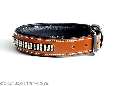 Three row crystal chestnut leather dog collar USA Leather 20''