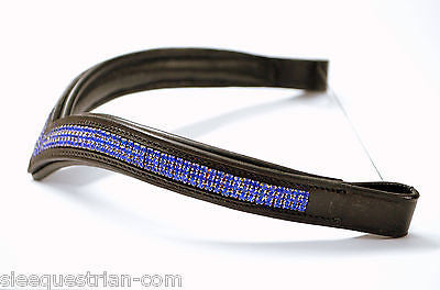 V Shape Blue Crystal Padded Leather Browband for Full Size Horse 16''