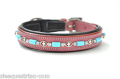Turquoise Beads Pink Leather Padded Dog Collar USA Leather