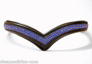 V Shape Blue Crystal Padded Leather Browband for Full Size Horse 16''