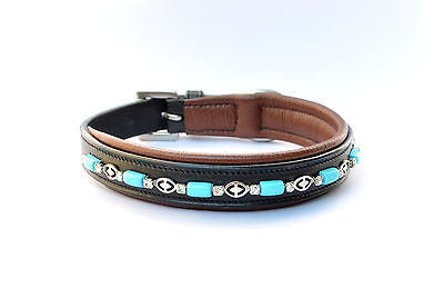 16" Turquoise Beads Padded Leather Dog Collars Made in USA Leather  - All Sizes