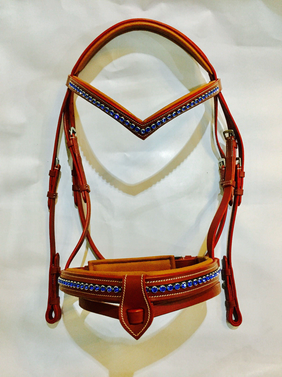 New SIE Full Horse Size Chestnut Padded Show & Fancy Bridle - Blue swarovski