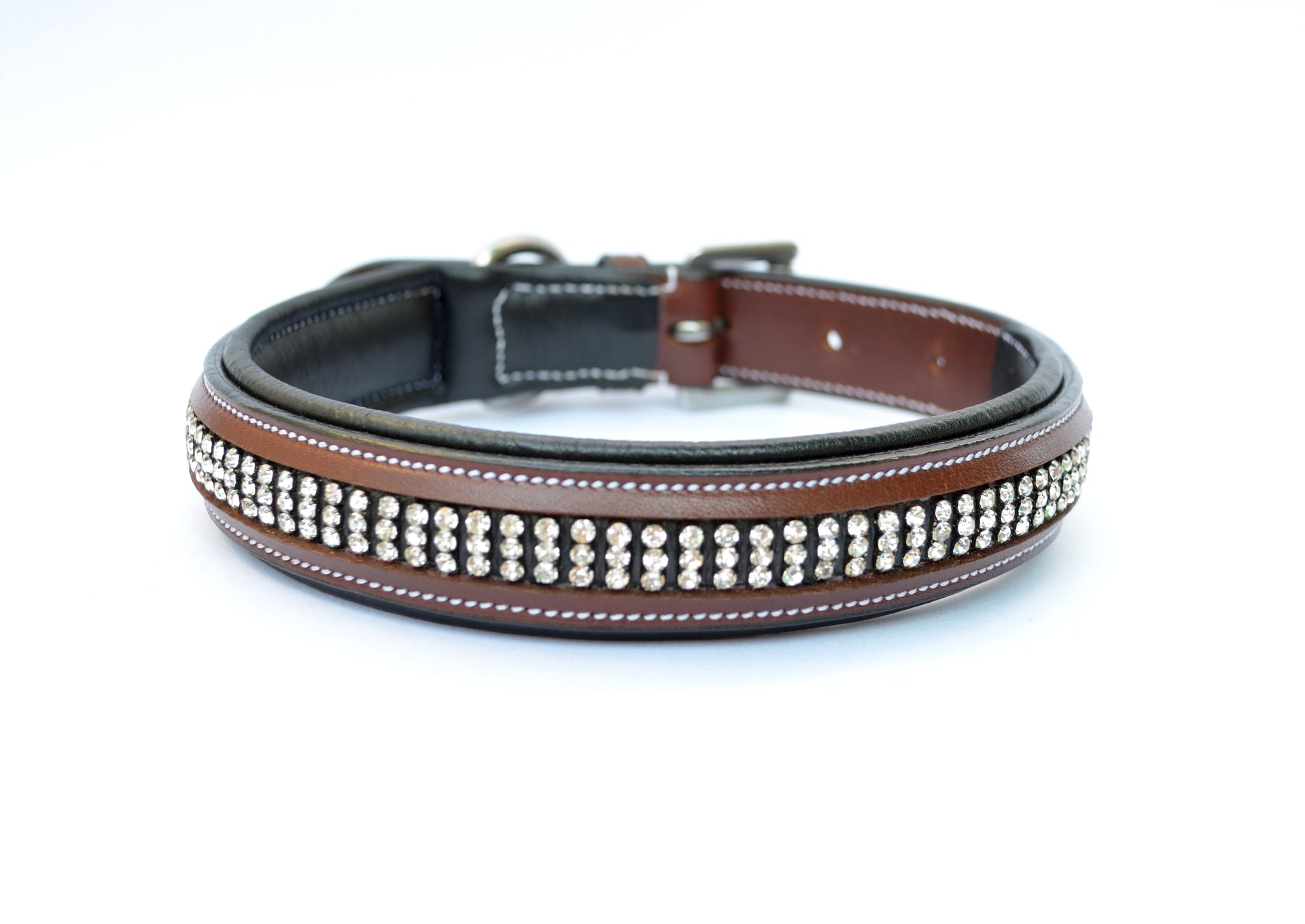 3 Row Crystal Padded Leather Dog Collar