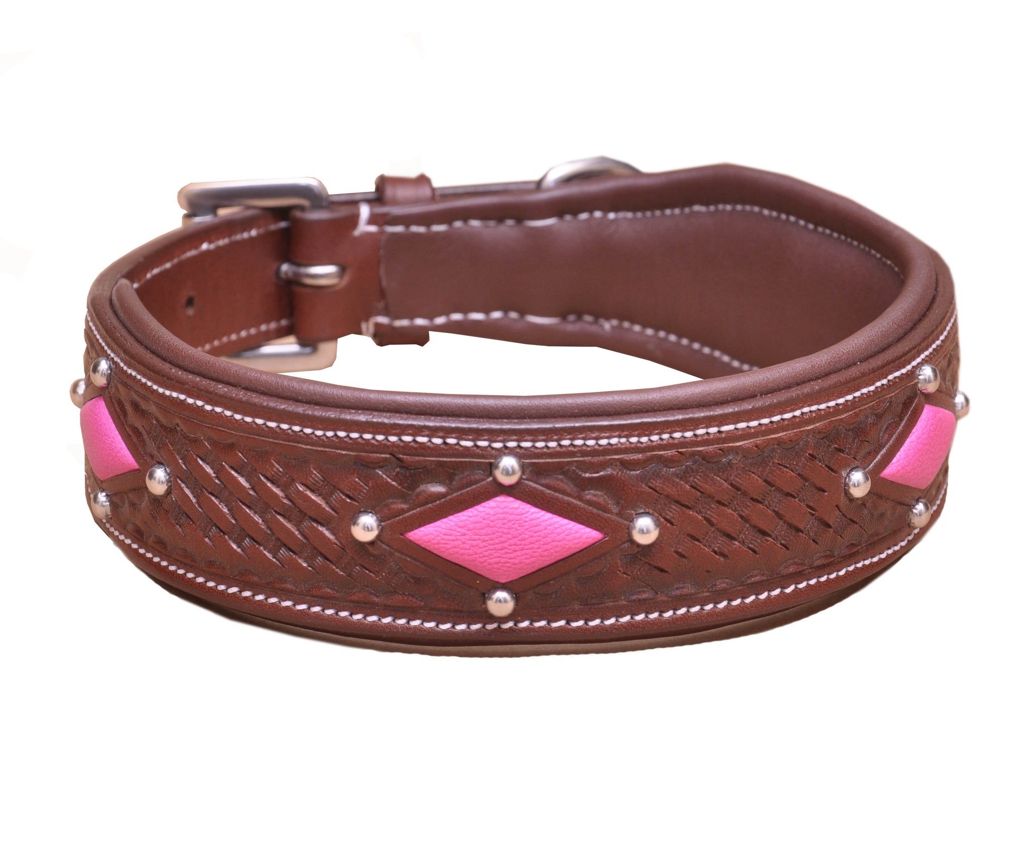 Carved Diamond Padded Leather Dog Collar
