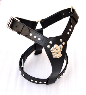 Leather Dog Harness with Crystals Bull Dog Design