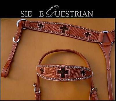 USA Leather Western Tack Headstall & Breastcollar Cross Hair On