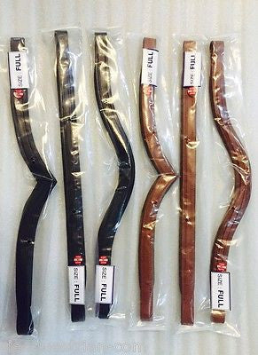 Six leather padded browbands in black and chestnut colors, packaged in clear plastic bags, labeled with 'Full' and 'Chestnut' respectively.